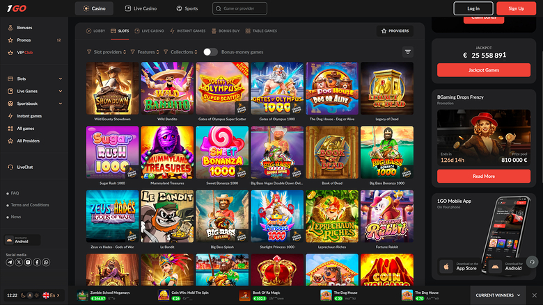 An online casino lobby screenshot showing a grid of slot game tiles with a left sidebar menu and a right sidebar containing a jackpot counter and promotions.