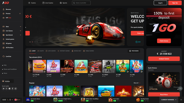 A desktop online casino lobby for 1GO showing a welcome bonus banner, a jackpot counter, and rows of game tiles.