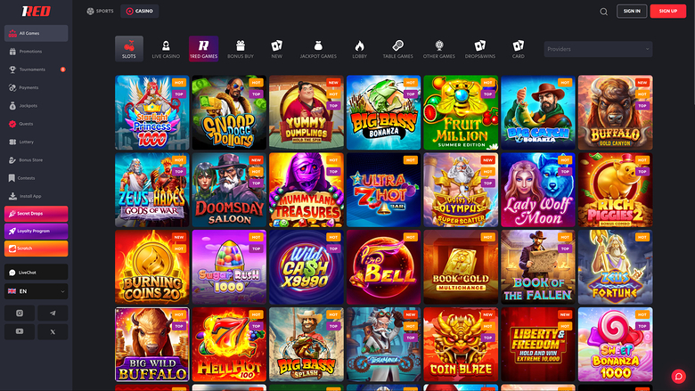 A 1RED online casino lobby shows a grid of slot game tiles under a Casino tab with a left sidebar menu.
