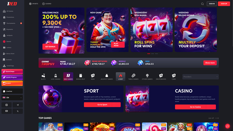 A 1RED online casino lobby screen showing a promotions carousel, jackpot ticker, category tabs and a top games row.