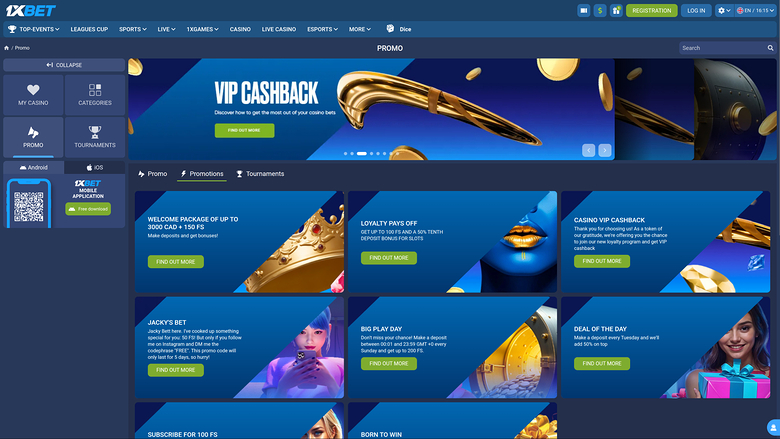 1xBet Casino — Promotions page