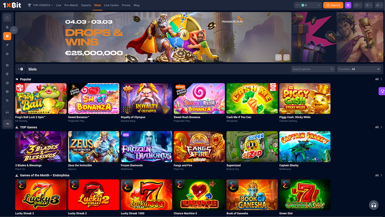 A 1xBit online casino lobby screen showing a slots category with a promotional banner and rows of game tiles.