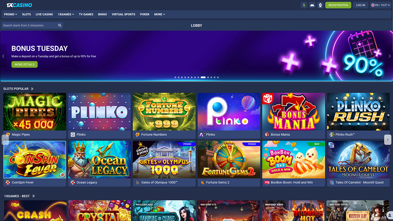An online casino lobby screen showing a promotional hero banner above rows of game tiles.