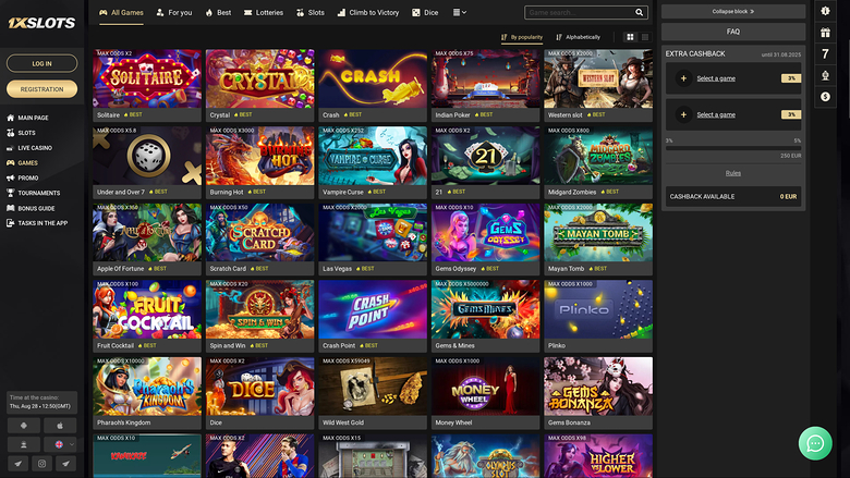 A casino lobby screen showing a grid of game tiles with a left sidebar menu and a right cashback panel.