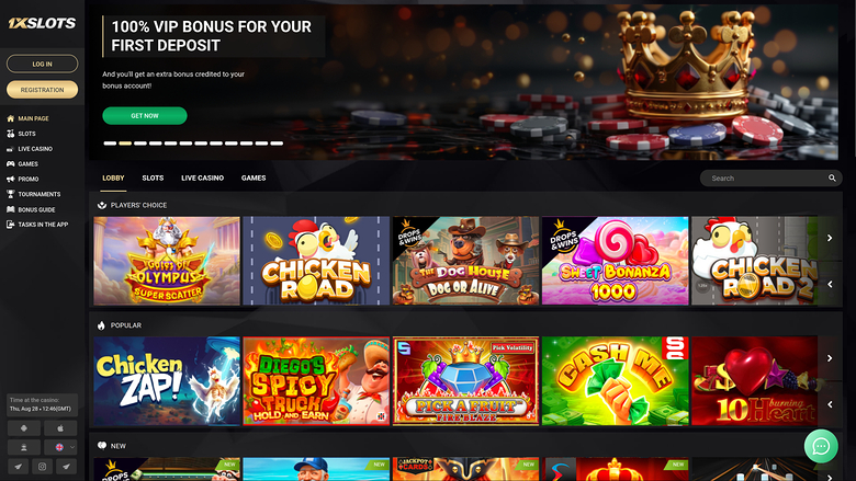 An online casino lobby screen for 1xSlots showing a first deposit bonus hero banner and rows of game tiles.
