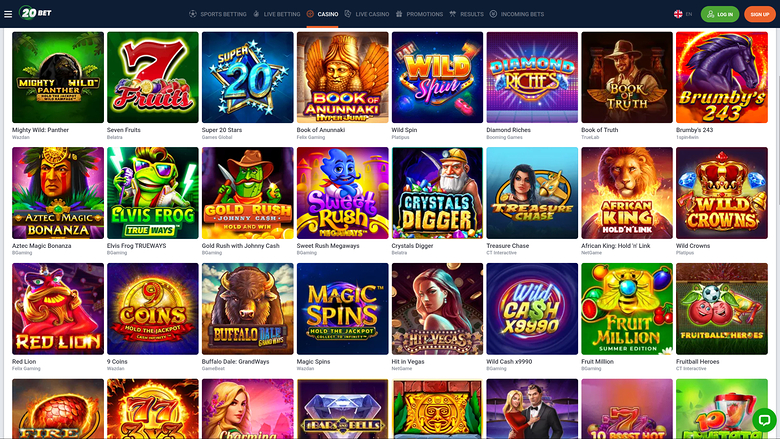 A 20Bet casino lobby screen showing a grid of game thumbnails under a top navigation bar with sports and casino categories.