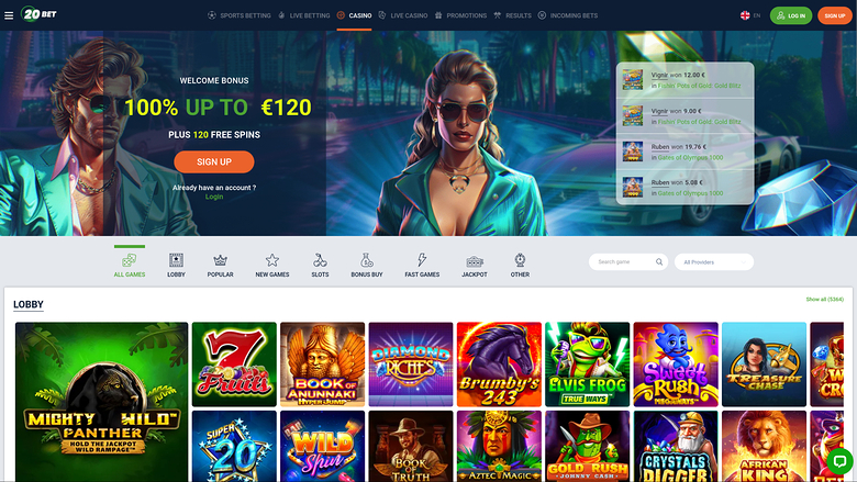 A 20BET online casino lobby screen showing a welcome bonus hero banner, a category menu, and a grid of game tiles.