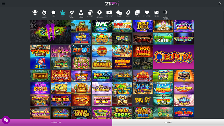 A casino lobby screen showing a grid of game tiles beneath a horizontal category menu and a 21 Drive Casino logo.