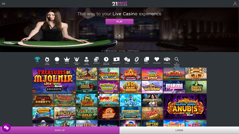 A 21.com live casino landing page shows a live dealer hero banner above a grid of game tiles and a bottom sign-up/login bar.