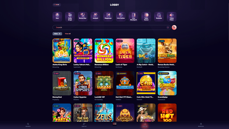 A casino lobby screen showing a search bar, category icons and a grid of game tiles with labels such as Aisha King Elvis and Lucky Sakura Hold.
