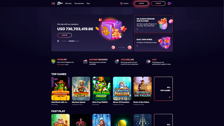 A dark-themed 21.com casino lobby screenshot showing a jackpot hero banner, promotional tiles, trust badges and rows of game thumbnails.
