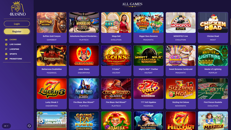 An online casino lobby page titled ALL GAMES showing a grid of game tiles with a purple sidebar containing login and register buttons.