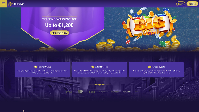 A 4K Casino landing page shows a welcome package of up to €1,200 with a Register Now button and a Big Time Gaming promotional graphic.