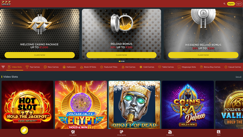 An online casino lobby shows three promotional bonus banners above a row of game tiles under a Video Slots heading.