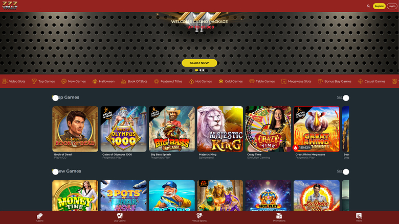 An online casino lobby screen showing a welcome bonus banner, a horizontal category menu, and rows of game tiles under Top Games and New Games headings.