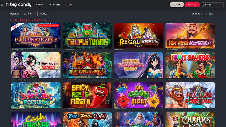 A 'Big candy' casino lobby page showing a 'VIDEO SLOTS GAMES' grid of game tiles with filter and sort controls.