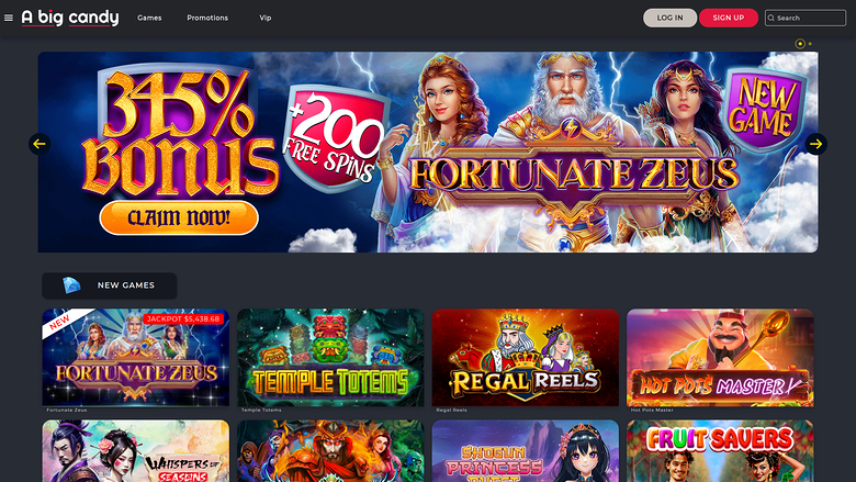 A 'Big candy' casino lobby page showing a 'Fortunate Zeus' promotional banner and a 'New Games' row of game tiles.
