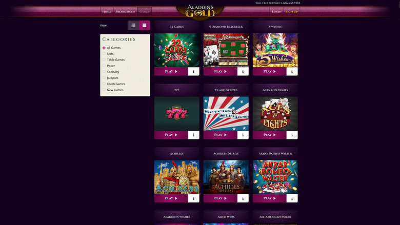 An online casino lobby titled Aladdin's Gold showing a left category menu and a grid of game tiles with Play buttons.