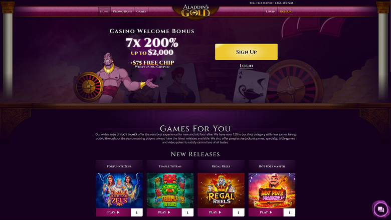 An online casino landing page for Aladdin's Gold showing a welcome bonus offer and a row of new release game tiles.