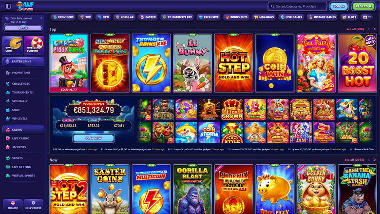 An online casino lobby page showing a top game carousel, a jackpot banner, and rows of game tiles under a dark blue interface.