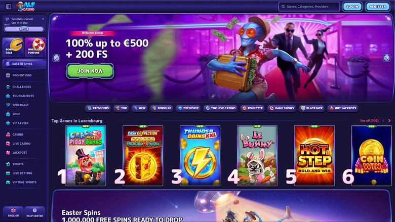 An online casino lobby shows a welcome bonus banner, a row of numbered game tiles and a left sidebar of lobby categories.