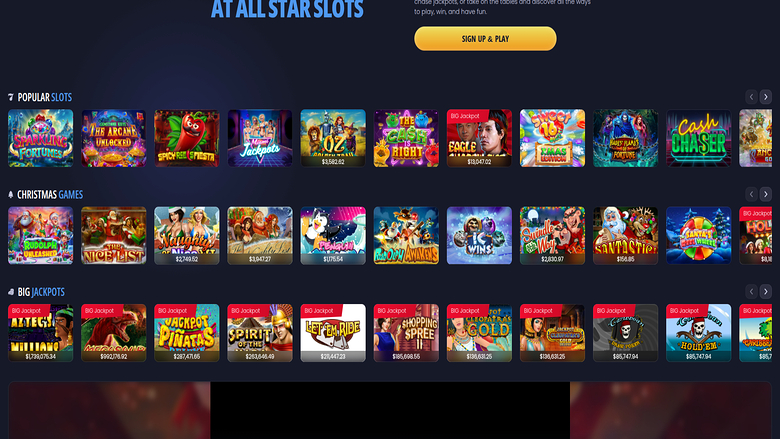 An online casino lobby page headed 'AT ALL STAR SLOTS' showing rows of game tiles under Popular Slots, Christmas Games and Big Jackpots categories.