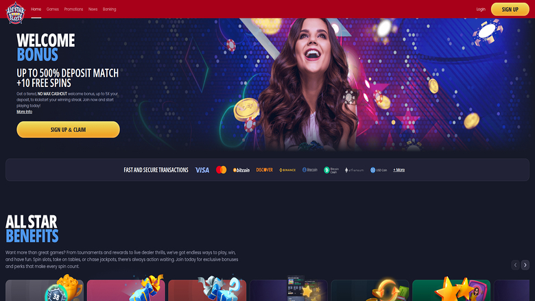 A casino landing page shows a welcome bonus hero banner with a smiling woman, a payment methods strip, and an All Star Benefits section above a row of game tile