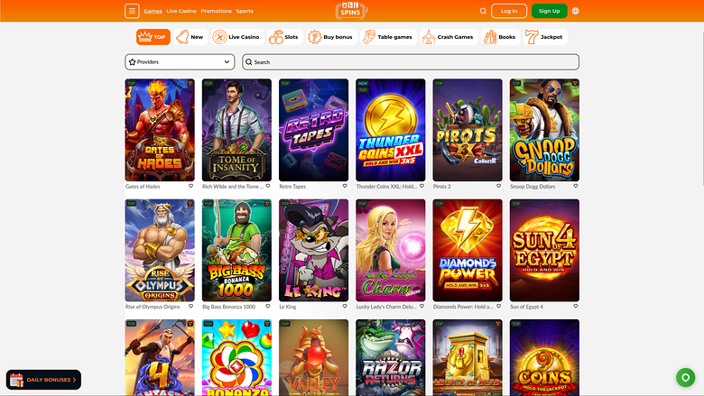 An online casino lobby page showing a grid of game tiles under a category menu and search bar.