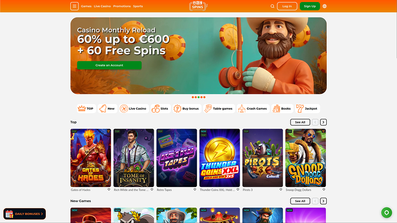 An online casino lobby screenshot showing a monthly reload bonus hero banner, category tabs, and rows of game tiles under Top and New Games headings.