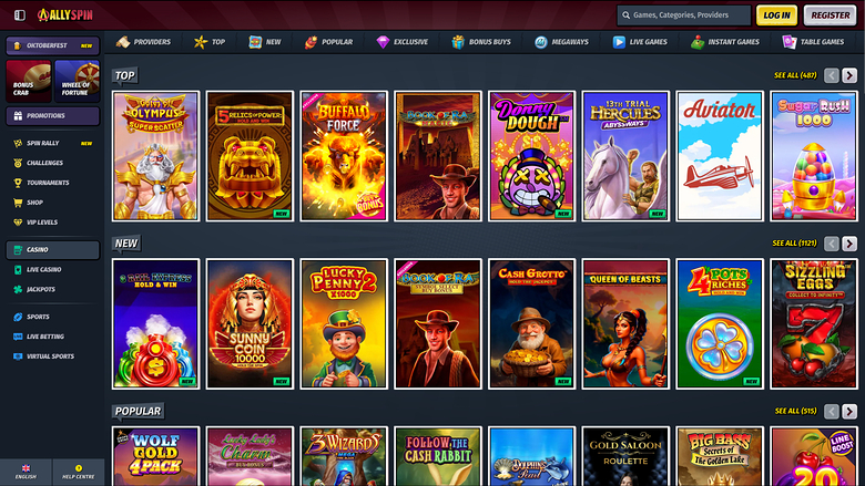 An online casino lobby screen showing rows of game tiles under TOP, NEW and POPULAR headings with a left sidebar menu and top navigation bar.