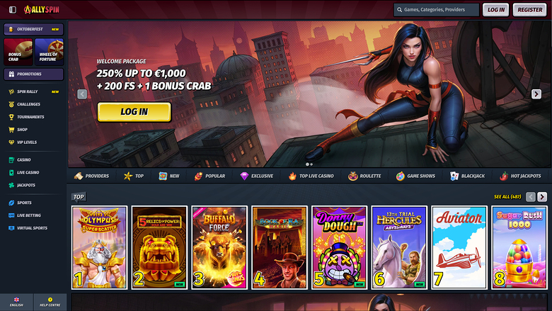 An online casino lobby screen for AllySpin showing a welcome package hero banner and a row of numbered game tiles under a 'TOP' heading.