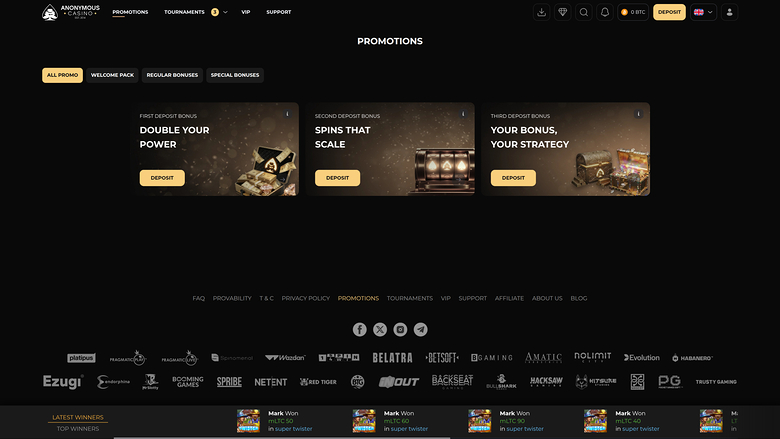 An online casino promotions page shows three deposit bonus cards above a provider logo strip and a winners ticker.