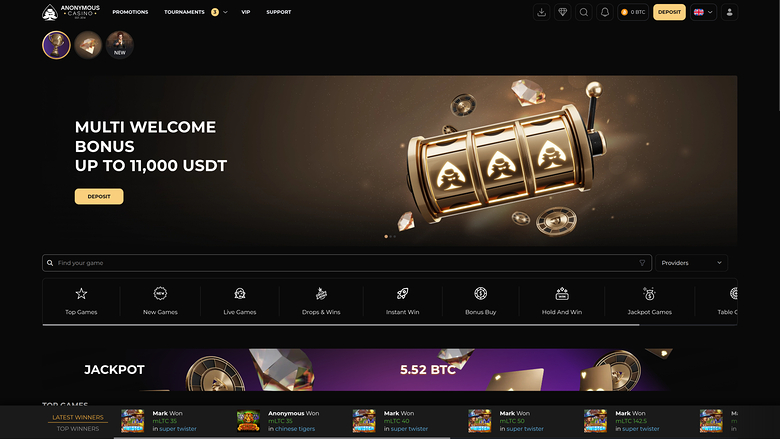 An online casino homepage shows a multi welcome bonus up to 11,000 USDT, a slot-machine hero image, lobby category tabs, a jackpot banner and a row of game tile