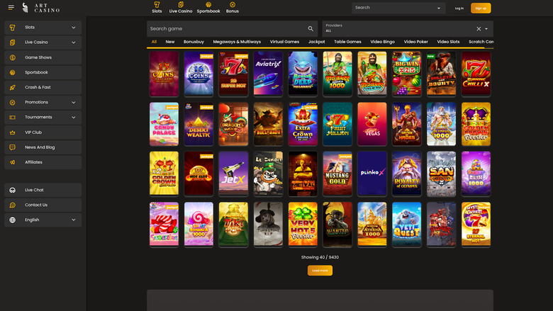 An online casino lobby screen showing a left sidebar menu, a top navigation bar and a grid of game thumbnails under a search field.