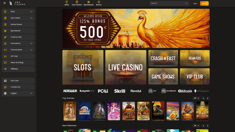 An online casino lobby page showing a welcome bonus banner, category tiles, payment provider logos and rows of game thumbnails.