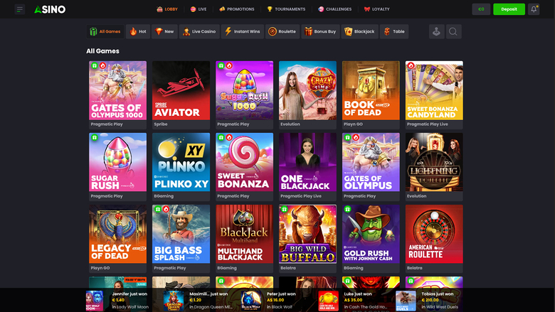 An online casino lobby page titled All Games showing a grid of game tiles with a top navigation bar and category filters.