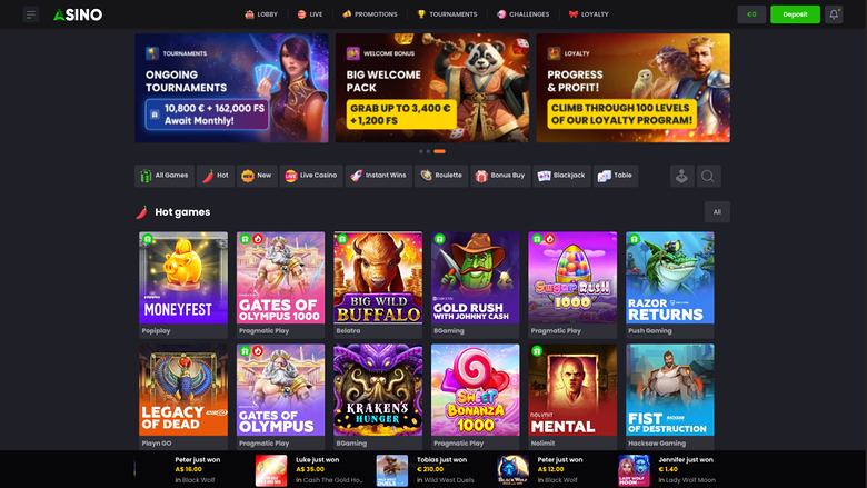 An online casino lobby page for a site branded SINO, showing a top navigation bar, three promotional banners, a category filter row and a grid of game tiles.