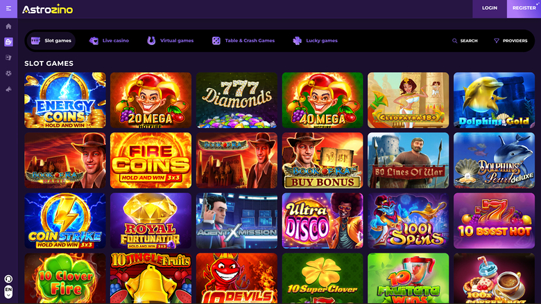 An online casino lobby screen titled Astrozino showing a grid of slot game tiles under a 'SLOT GAMES' heading.