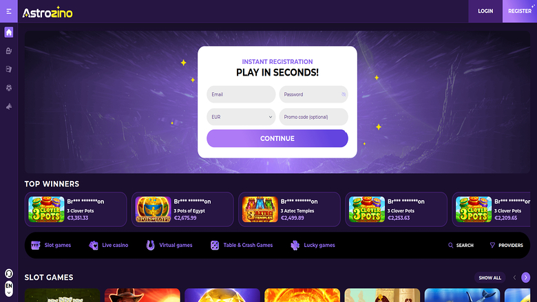 An online casino homepage showing an instant registration form over a purple hero background, a Top Winners row and a Slot Games section.