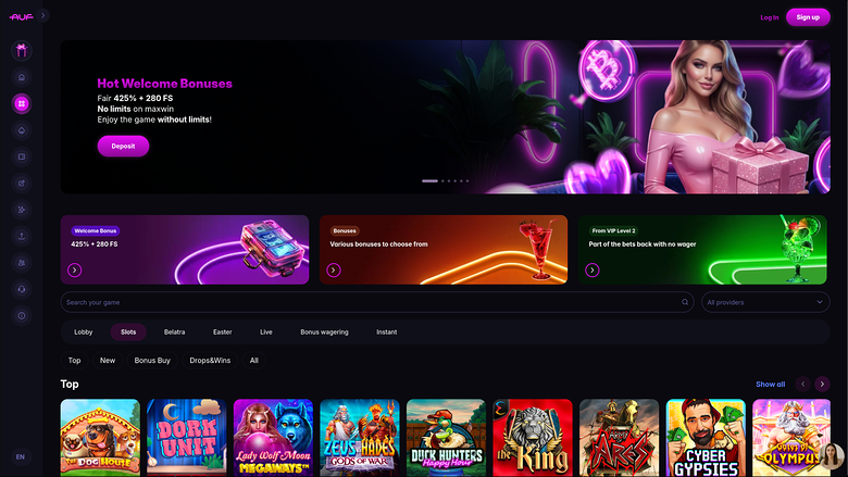 An online casino lobby screen showing a welcome bonus hero banner, three promotional cards, a search bar, lobby tabs and a row of game tiles.