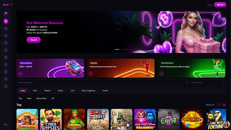 An online casino lobby screen showing a welcome bonus hero banner, three promotional tiles, a search bar, category tabs and a row of game tiles.