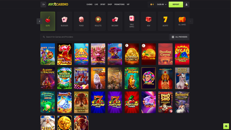 An online casino lobby page for Avocado Casino showing a row of game category tabs above a grid of game thumbnails.
