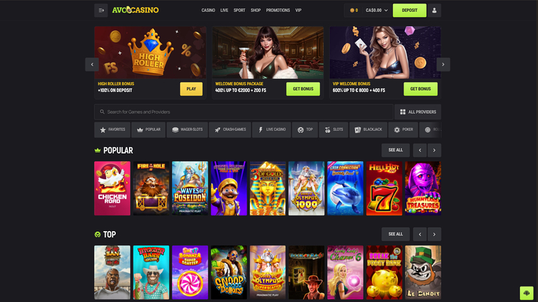 Avocasino homepage showing a top navigation bar, three promotional banners, a search field with category filters, and rows of game tiles labelled Popular and To