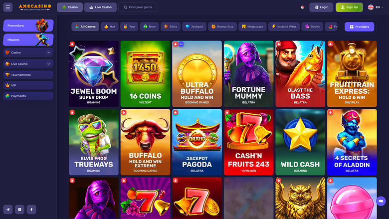 An online casino lobby screenshot showing a left sidebar menu, a top navigation bar with Casino and Live Casino tabs, and a grid of game tiles.