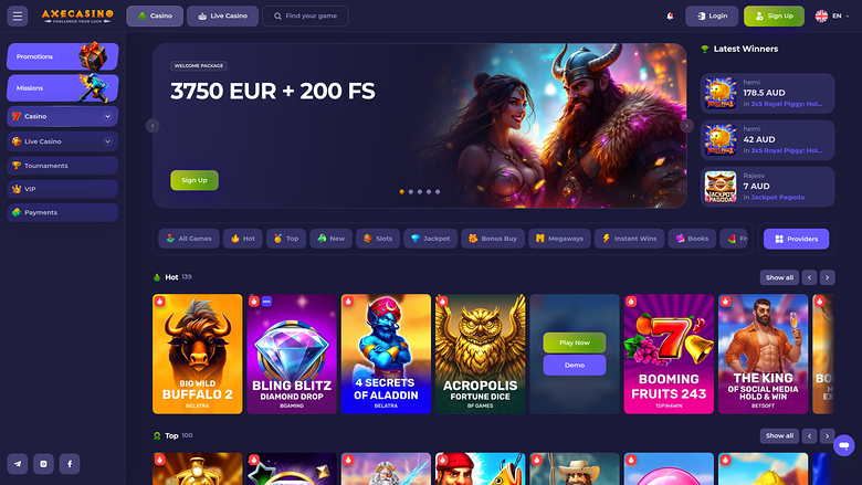 An online casino lobby screen showing a welcome bonus banner, a left sidebar menu, a top navigation bar, and rows of game tiles.