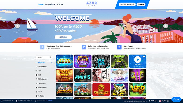 An online casino homepage showing a welcome bonus hero banner, a three-step sign-up guide and a grid of game tiles beside a category sidebar.