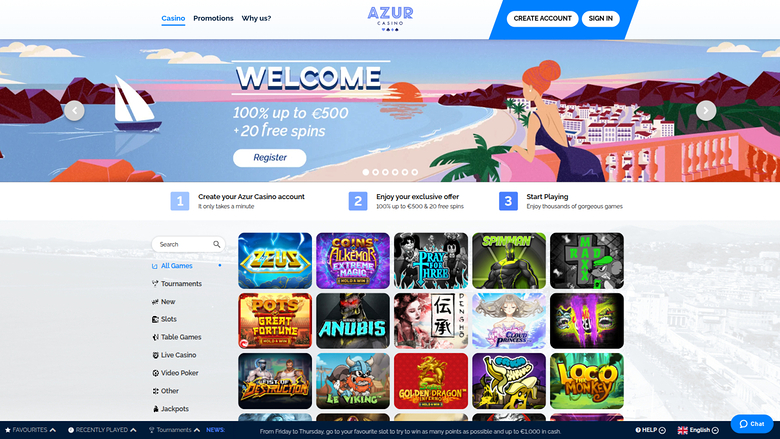 An online casino homepage for Azur Casino showing a welcome bonus hero banner, a three-step sign-up guide, a left game menu and a grid of game tiles.