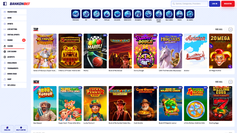 A Bankonbet online casino lobby shows a left sidebar menu, a top provider icon row, and two game rows labelled TOP and NEW.