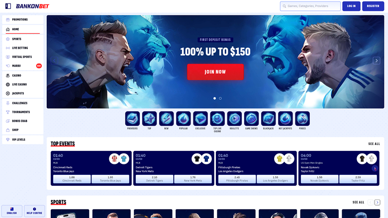 A Bankonbet casino and sportsbook homepage showing a first deposit bonus hero banner, a row of game category icons, top events betting odds and a sports section