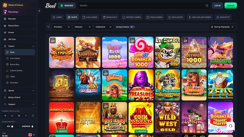 An online casino lobby screen showing a grid of colourful game tiles beneath a top navigation bar and a left sidebar menu.